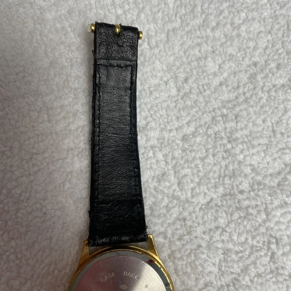 Vintage Mens Time Dressy Gold Tone Black Leather Strap Analog Quartz Watch #7